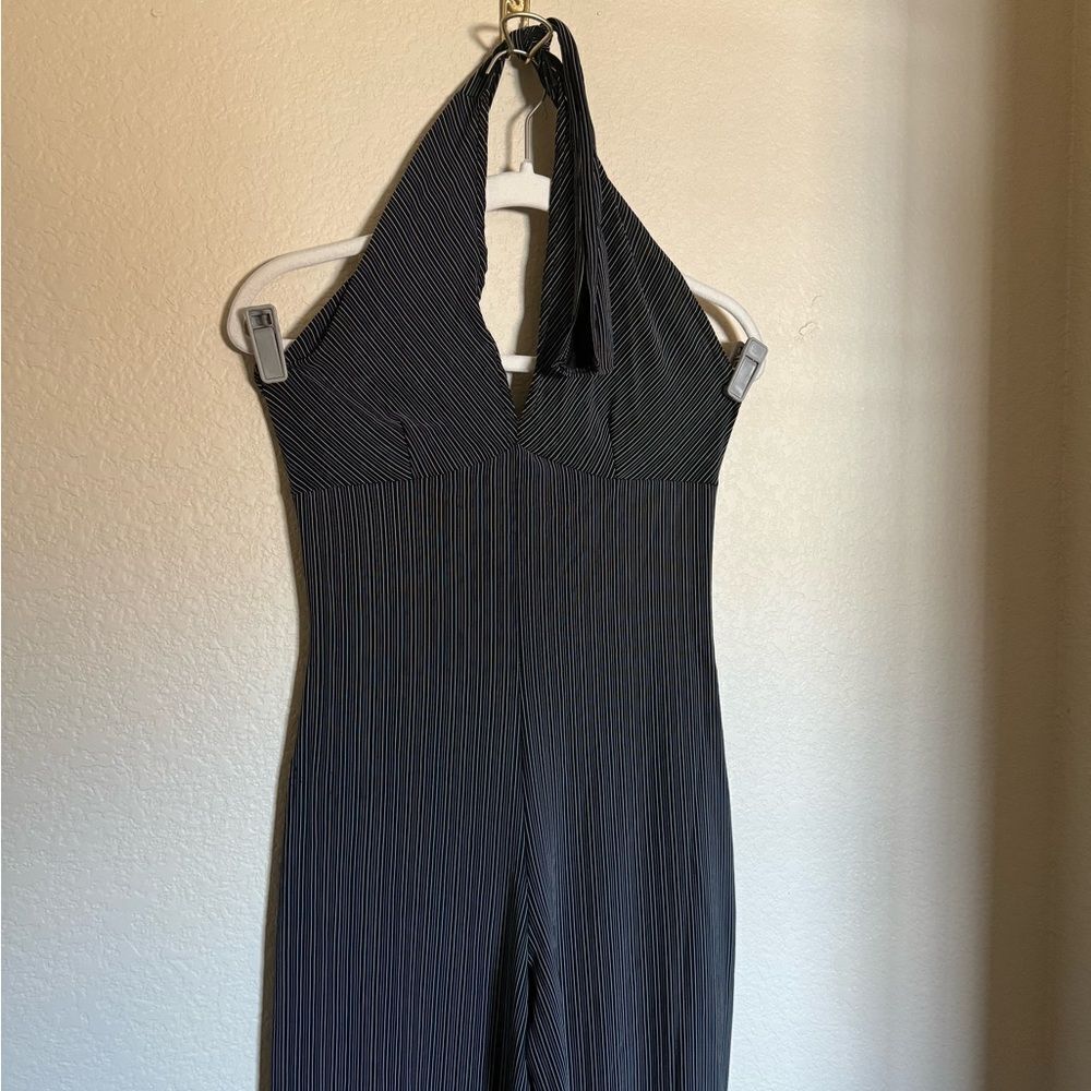 Vintage 90s does 70s Disco Striped Halter Neck Jumpsuit Flared Slinky Sz Small